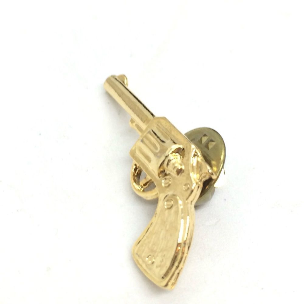 VINTAGE REVOLVER GUN TIE TACK LAPEL PIN GOLD TONE WESTERN COWBOY - Picture 4 of 12